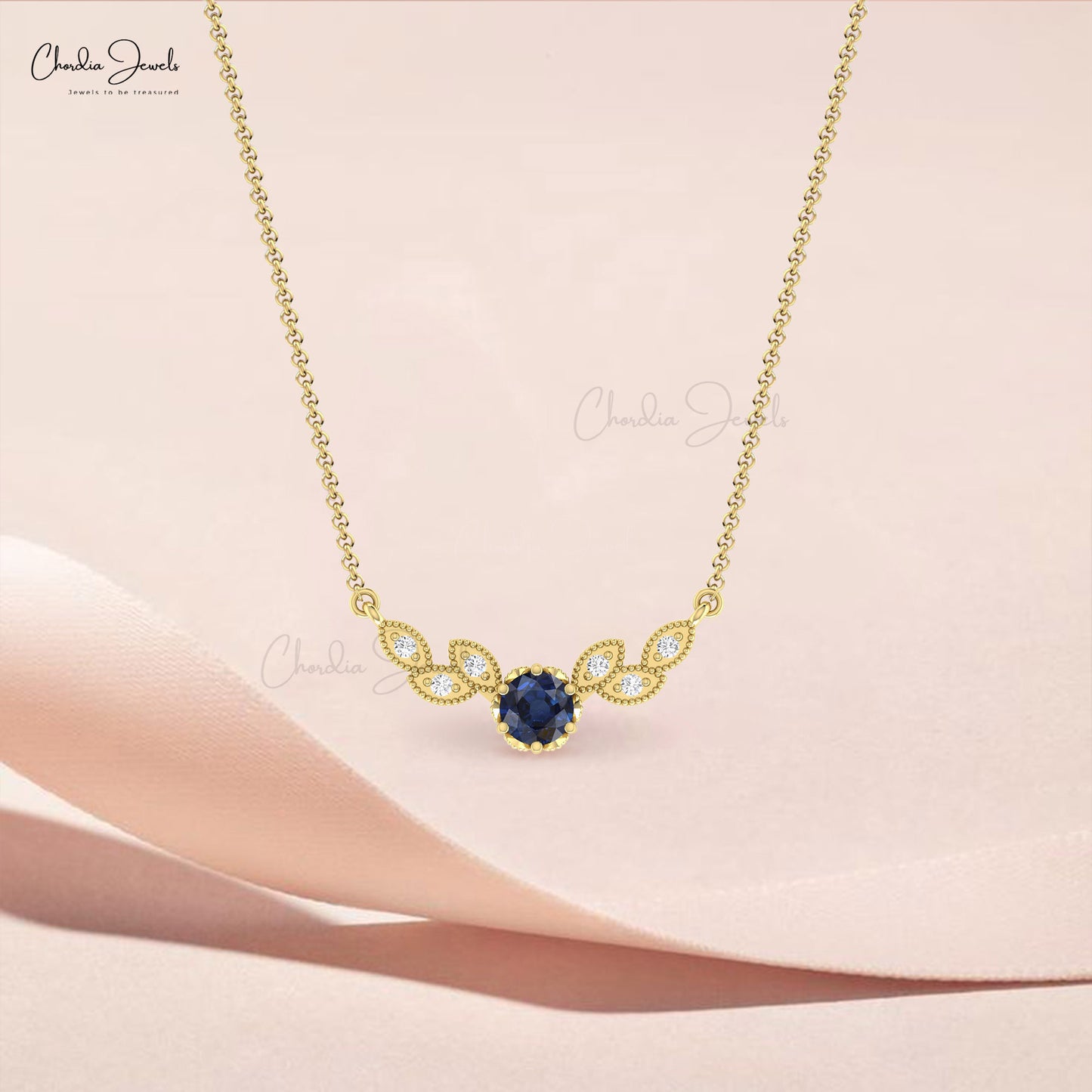 Solid 14k Gold Diamond Wings Necklace With 5mm Blue Sapphire Prong Set Chain Necklace