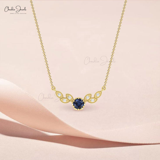 Solid 14k Gold Diamond Wings Necklace With 5mm Blue Sapphire Prong Set Chain Necklace