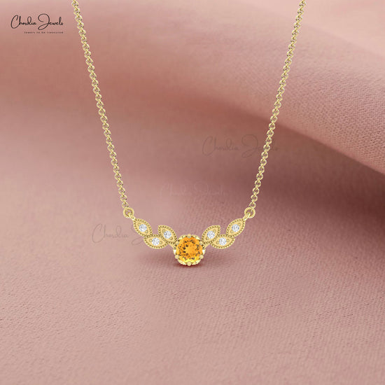 Dual Birthstone Pendant With 5mm Citrine And Diamond 14k Solid Gold Floral Leaf Necklace