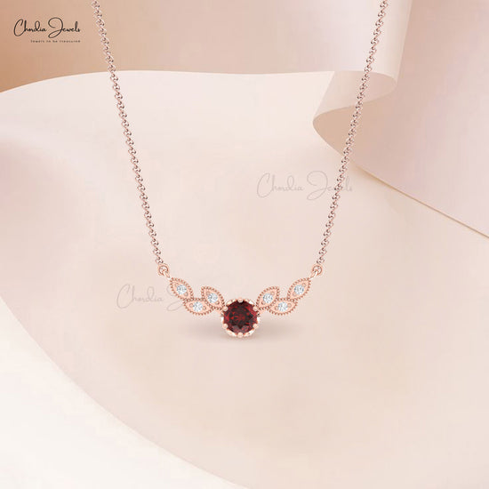 Delicate Miligrain Floral Necklace With 5mm Red Garnet And Diamond Wings Necklace For Her