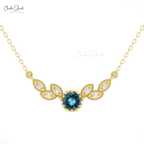 Natural London Blue Topaz 5mm Gemstone And Diamond Floral Wings Necklace In 14k Solid Gold