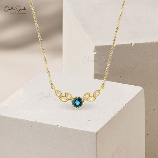 Natural London Blue Topaz 5mm Gemstone And Diamond Floral Wings Necklace In 14k Solid Gold