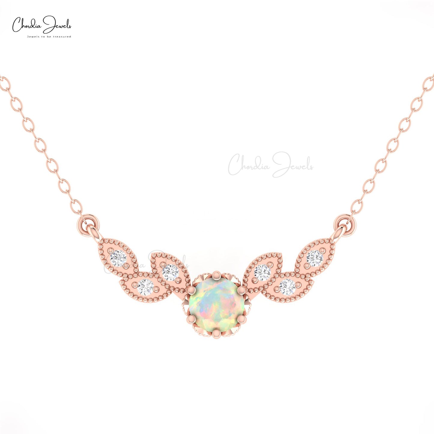 Genuine Opal Gemstone With Cluster Diamond Accents In 14k Solid Gold Miligrain Floral Necklace