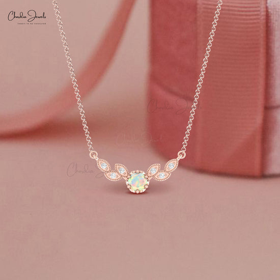 Genuine Opal Gemstone With Cluster Diamond Accents In 14k Solid Gold Miligrain Floral Necklace