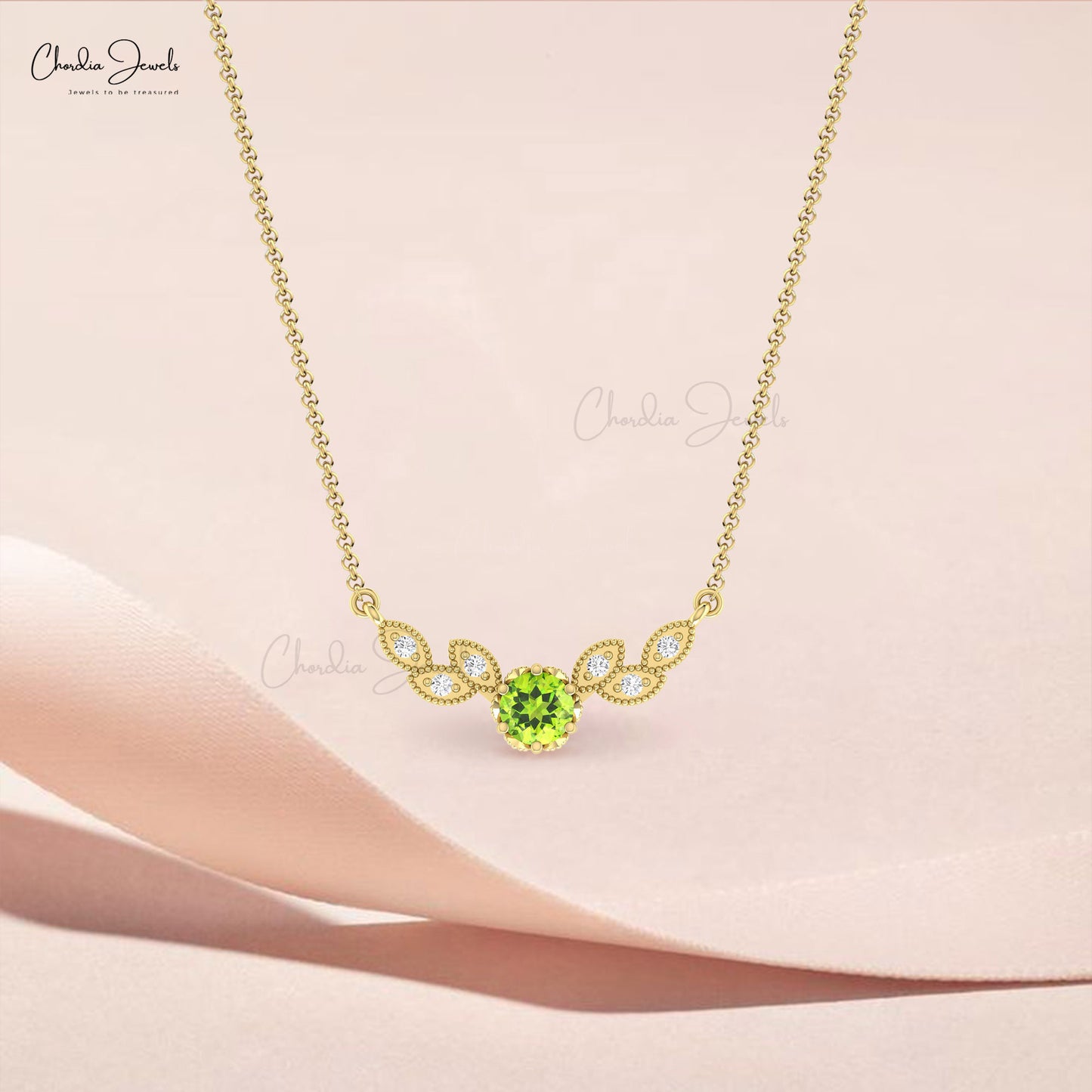 Guardian Angel Wings Necklace with 5mm Peridot and Diamond Halo Necklace for Her