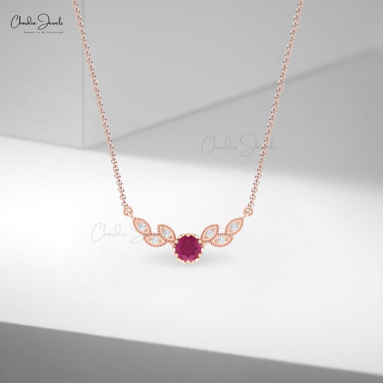 Flower Design Necklace With 5mm Ruby And Pave Diamond Bridesmaid Necklace In 14k Solid Gold