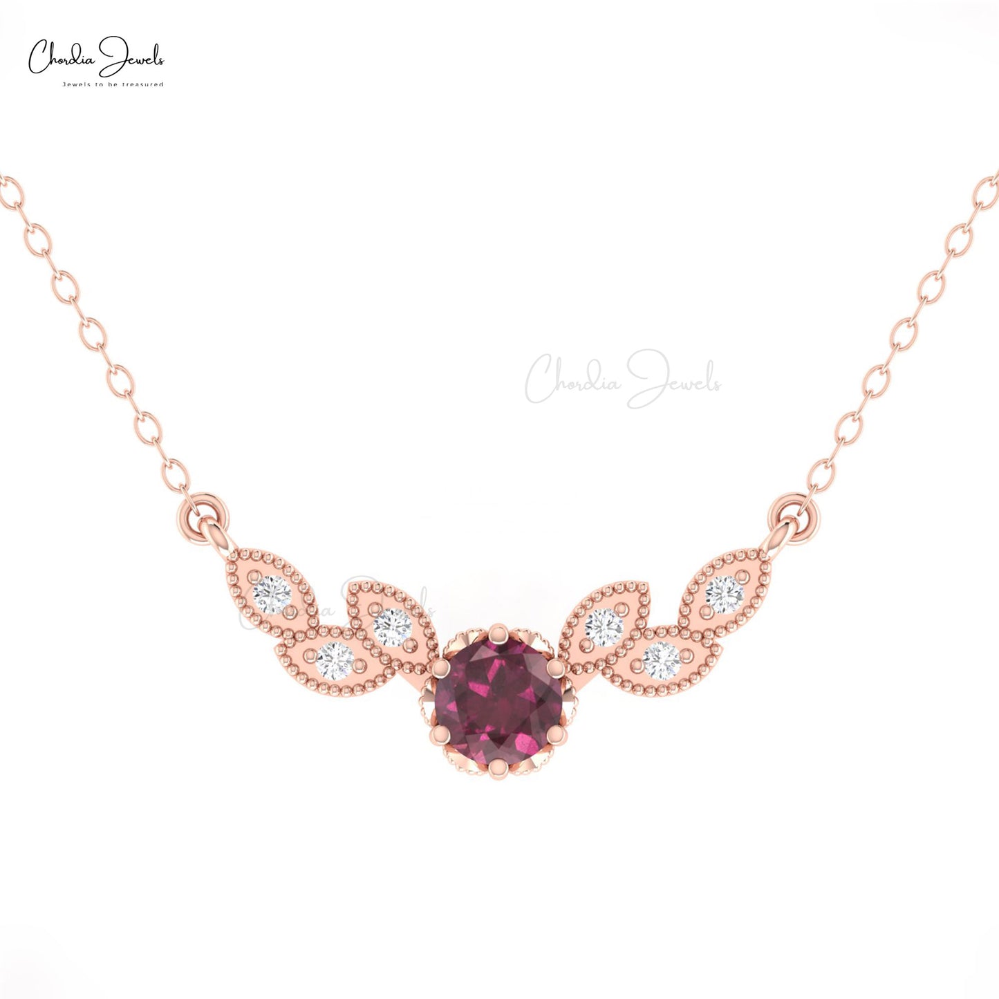 Genuine Rhodolite Garnet With Pave Diamond Miligrain Floral Necklace in 14k Real Gold