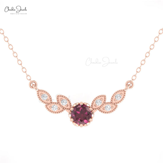 Genuine Rhodolite Garnet With Pave Diamond Miligrain Floral Necklace in 14k Real Gold