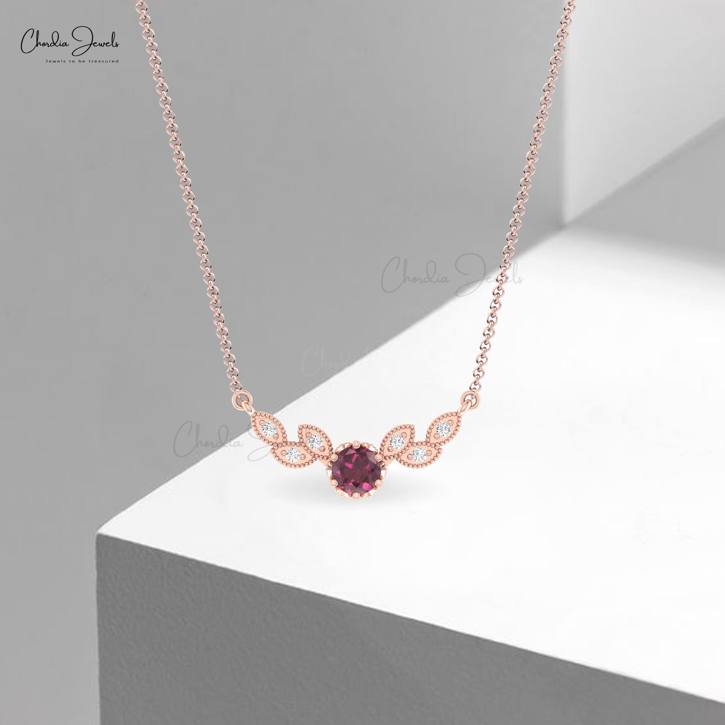 Genuine Rhodolite Garnet With Pave Diamond Miligrain Floral Necklace in 14k Real Gold