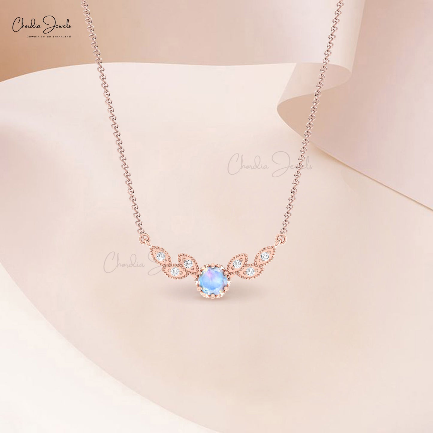 Rainbow Moonstone 5mm Round Gemstone And Diamond Floral Necklace In 14k Gold Fine Jewelry