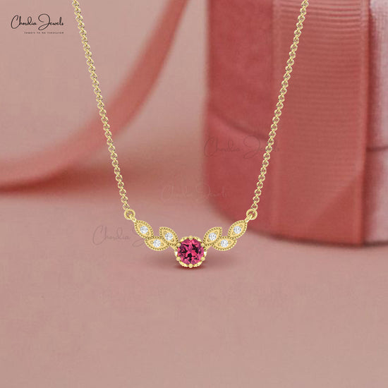 Real 14k Gold Angel Wings Necklace With 5mm Pink Tourmaline And Diamond Chain Necklace