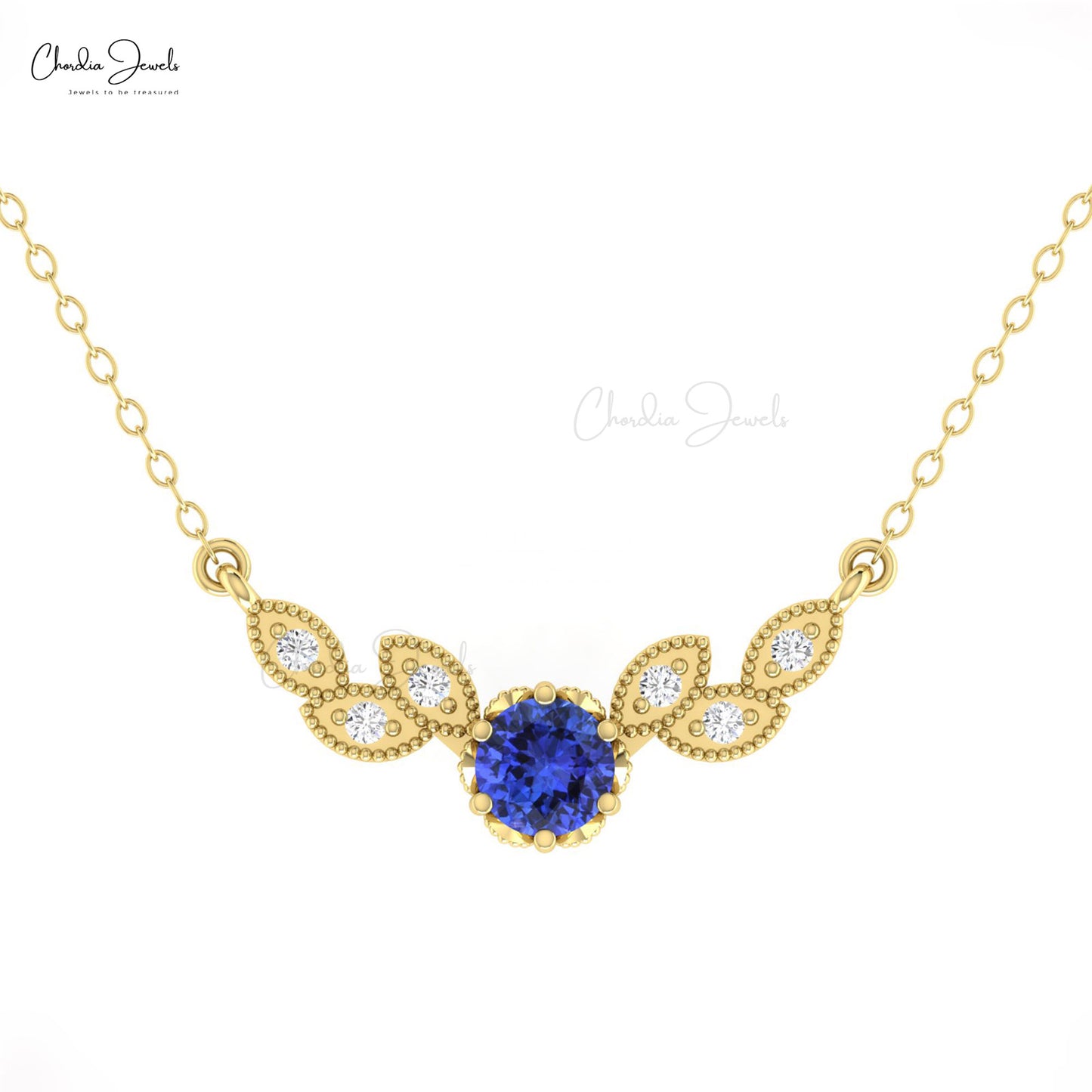 Real 14k Gold Miligrain Floral Necklace With 5mm Tanzanite & Diamond Wings Chain Necklace