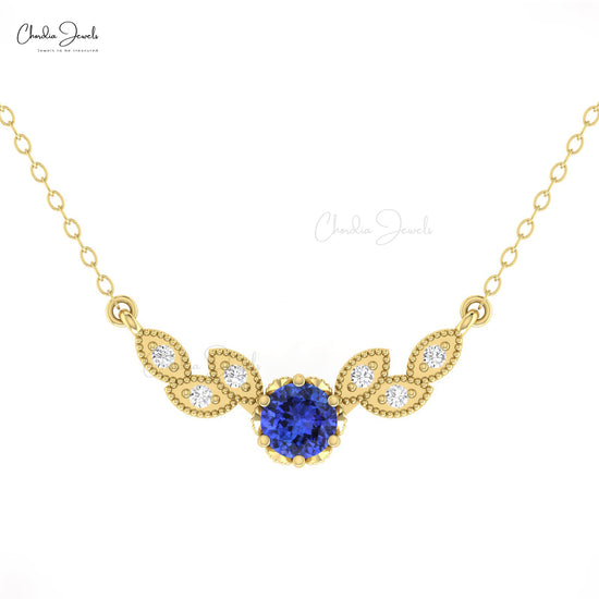 Real 14k Gold Miligrain Floral Necklace With 5mm Tanzanite & Diamond Wings Chain Necklace