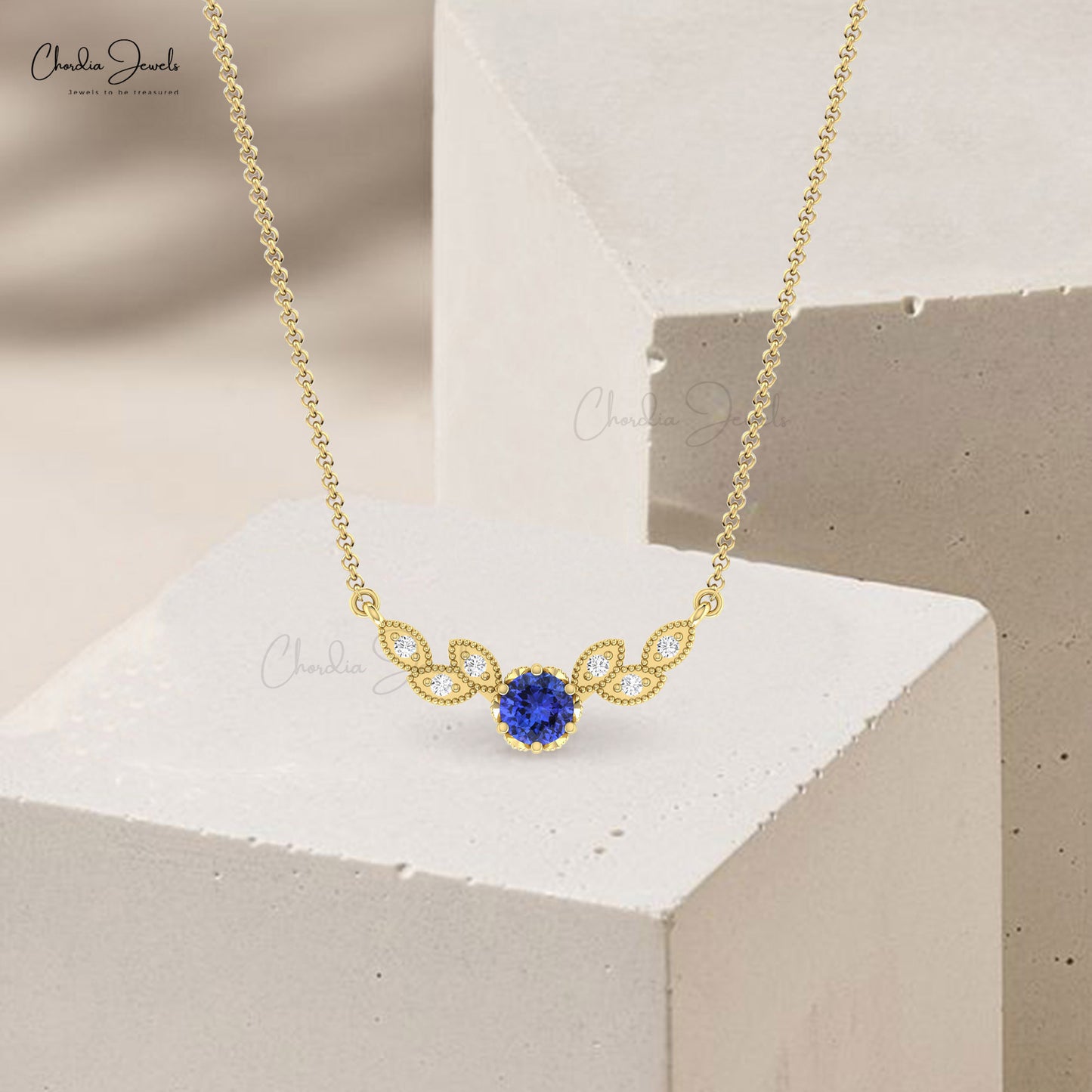 Real 14k Gold Miligrain Floral Necklace With 5mm Tanzanite & Diamond Wings Chain Necklace