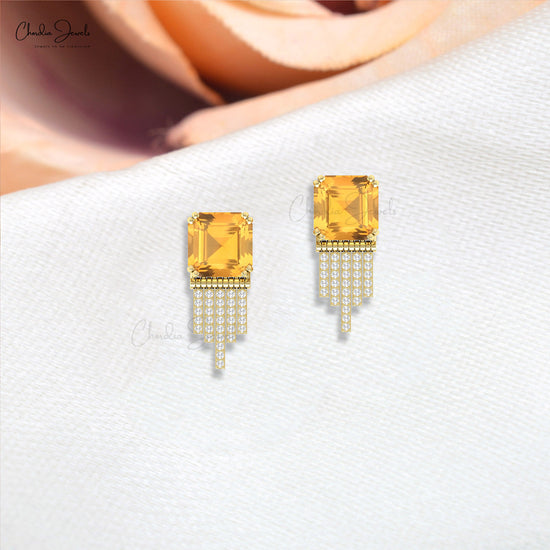 Drop Earrings in Real 14k Gold Octagon Citrine And G-H Diamond Push Back Earrings