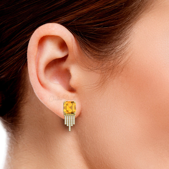 Drop Earrings in Real 14k Gold Octagon Citrine And G-H Diamond Push Back Earrings