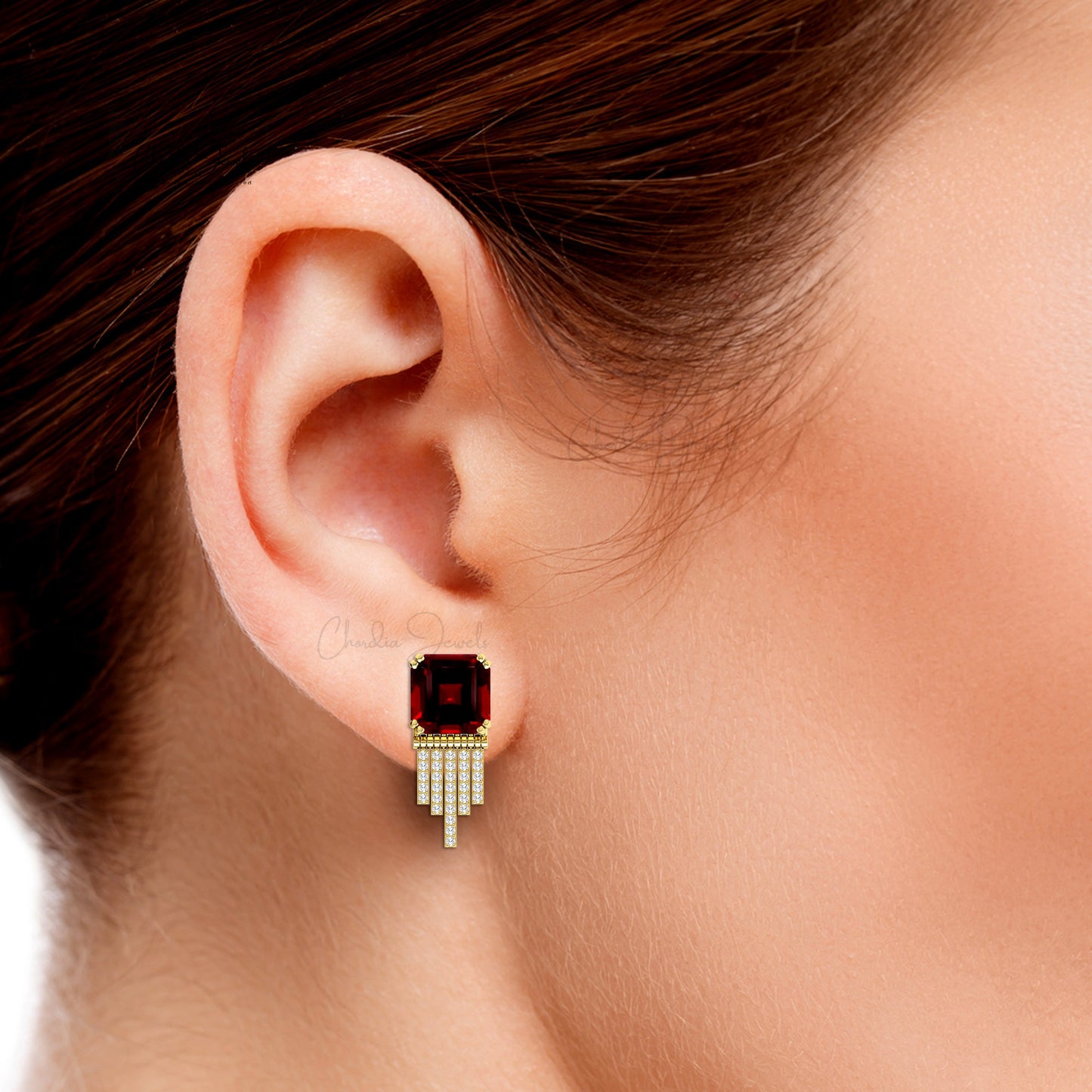 Cluster Drop Earrings In 14K Real Gold Natural 12 Ct Red Garnet & Diamond Earrings