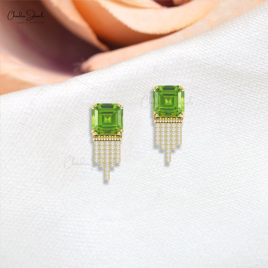 Solid 14k Gold Cluster Stud with 10mm Peridot And Diamond Bar Drop Earrings