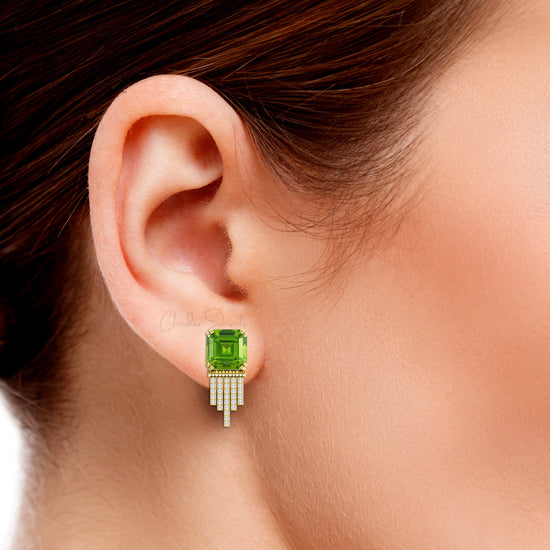 Solid 14k Gold Cluster Stud with 10mm Peridot And Diamond Bar Drop Earrings