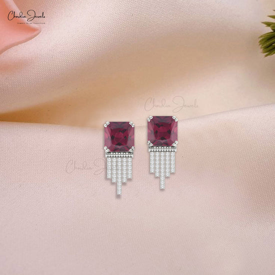 Delicate 12 Cts Rhodolite Garnet And Pave Diamond Cluster Drop Earrings In 14k Solid Gold