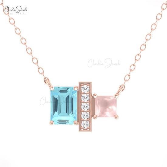 Natural Octagon Aquamarine And 4mm Rose Quartz Diamond Necklace in 14k Solid Gold