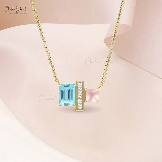 Natural Octagon Aquamarine And 4mm Rose Quartz Diamond Necklace in 14k Solid Gold