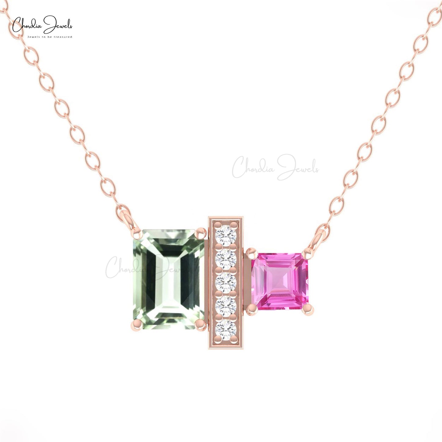 Prong Set Green Amethyst and Square Sapphire With Diamond 14k Gold Chain Necklace