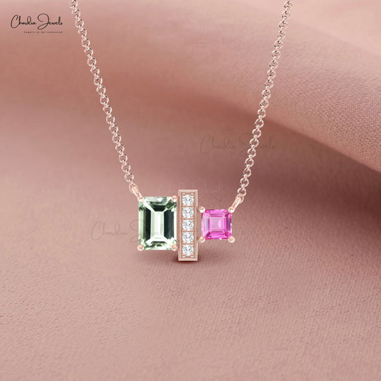 Prong Set Green Amethyst and Square Sapphire With Diamond 14k Gold Chain Necklace