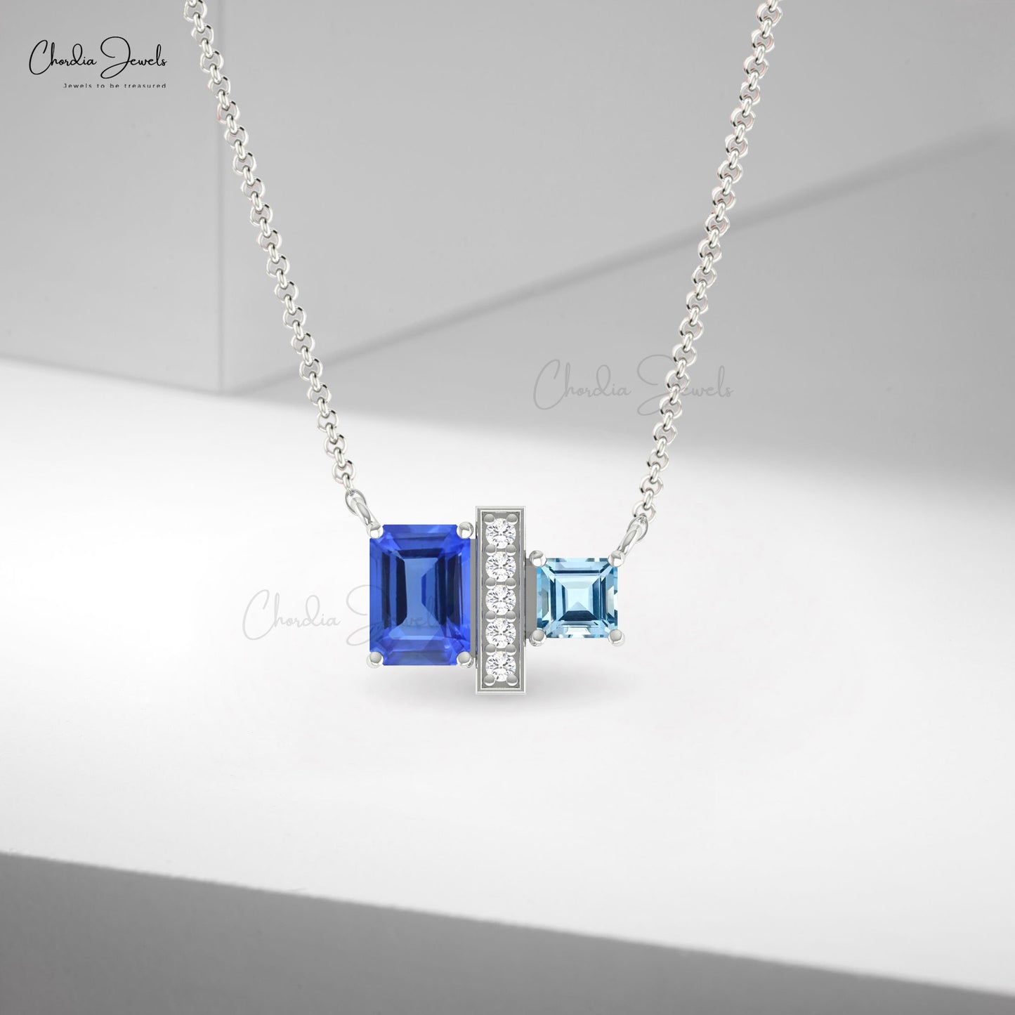 Natural Tanzanite And Square Aquamarine with 14k Real Gold Diamond Necklace