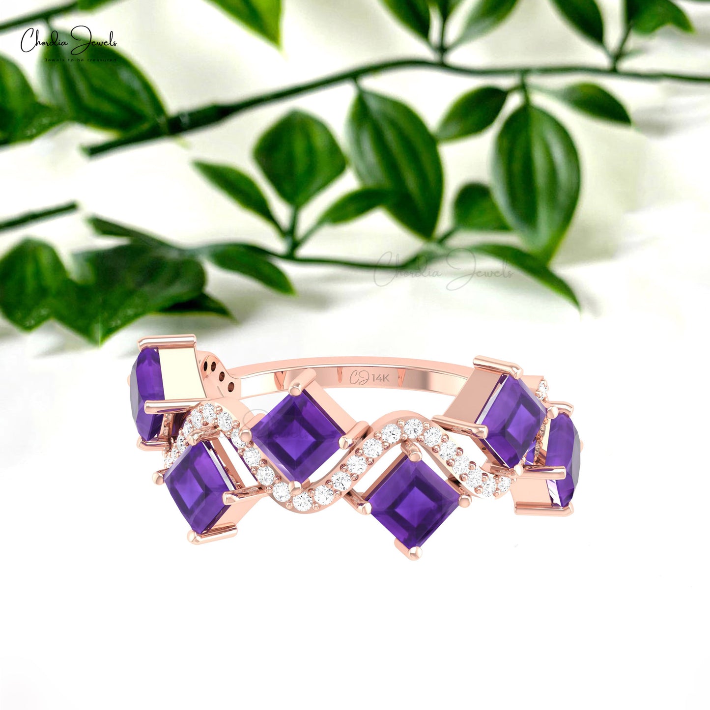 Real 6 Stone Wave Ring With 0.7 CTW Square  Amethyst Gemstone 14k Gold Diamond Accented Ring