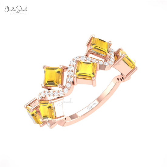 Natural Citrine 4mm Square Gemstone And Diamond Wave Ring in 14k Solid Gold