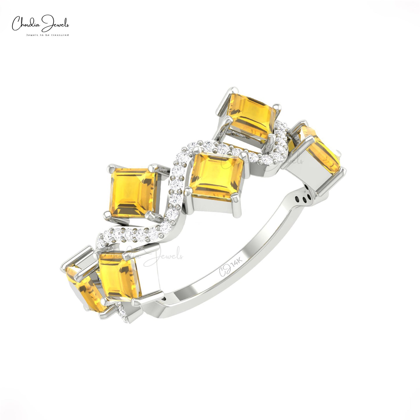 Natural Citrine 4mm Square Gemstone And Diamond Wave Ring in 14k Solid Gold