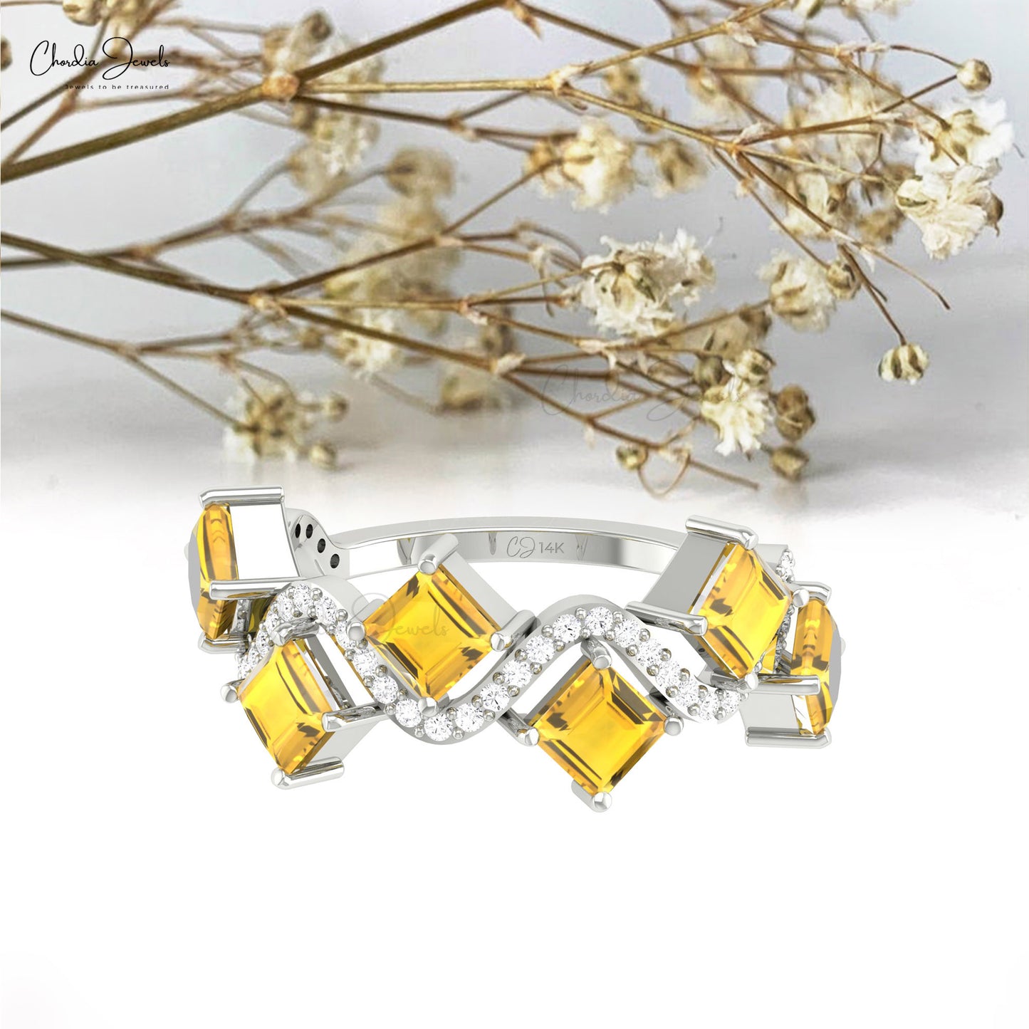 Natural Citrine 4mm Square Gemstone And Diamond Wave Ring in 14k Solid Gold