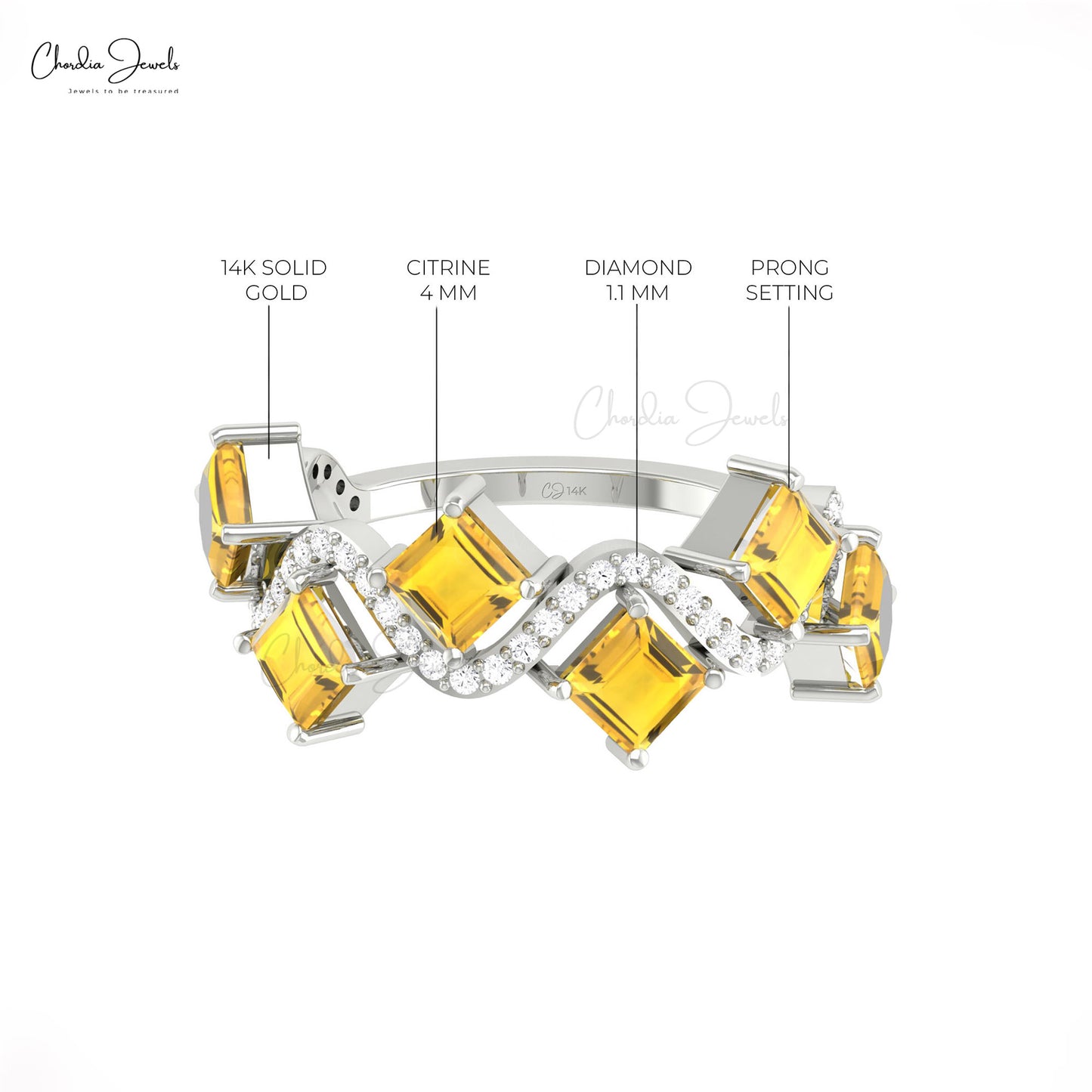 Natural Citrine 4mm Square Gemstone And Diamond Wave Ring in 14k Solid Gold