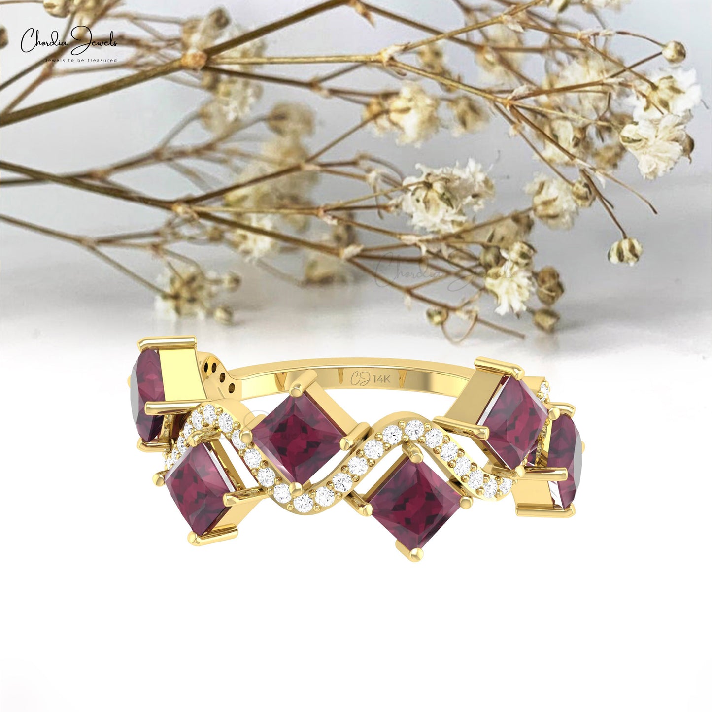 Solid 14k Gold 6 Stone Ring With 0.72 Ct Square Rhodolite Garnet And Diamond Wave Ring