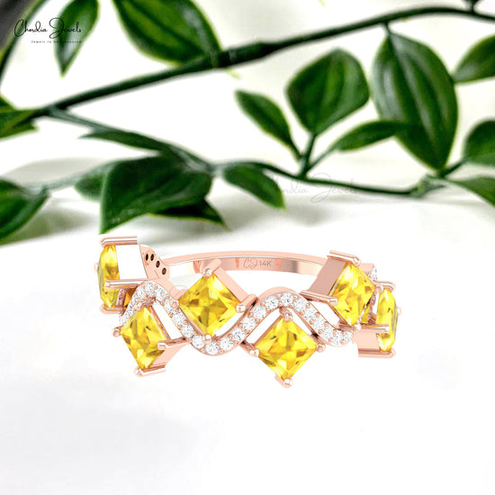 Elegant 0.7 CT Square Cut Yellow Sapphire Ring Diamond Accented Ring In 14k Solid Gold