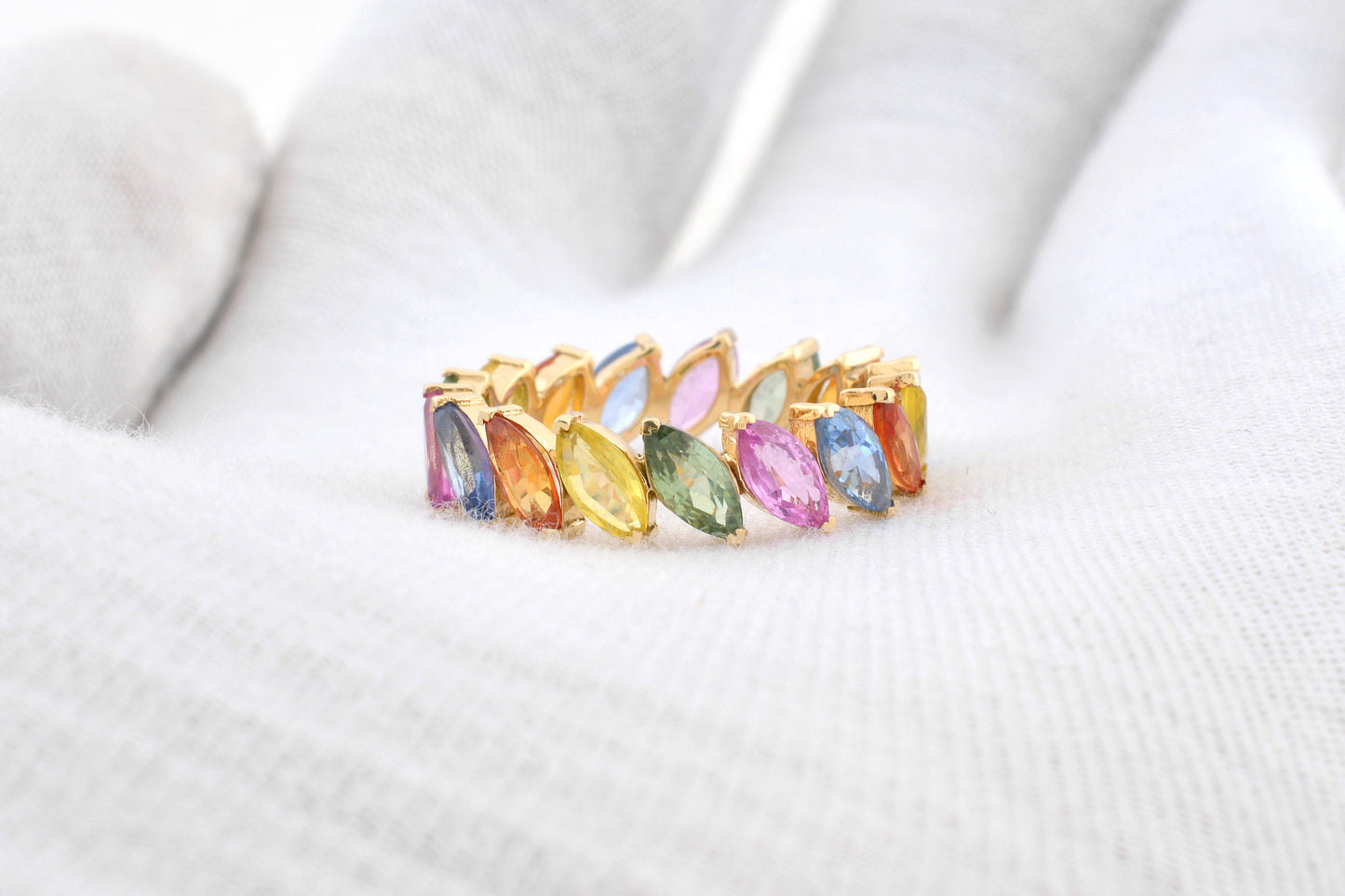 Marquise Cut Eternity Band In Multi Sapphire 6x3mm Gemstone Accents in 14k Yellow Gold Ring