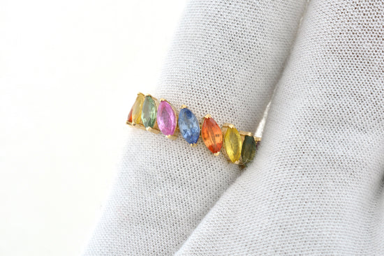 Marquise Cut Eternity Band In Multi Sapphire 6x3mm Gemstone Accents in 14k Yellow Gold Ring