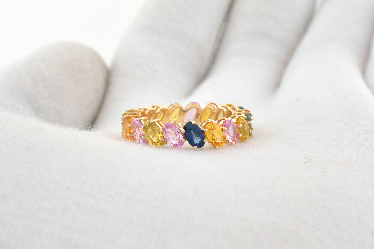 Rainbow Full Eternity Band With 14k Rose Gold Multi Sapphire 6 Ct Gemstone Stacking Ring