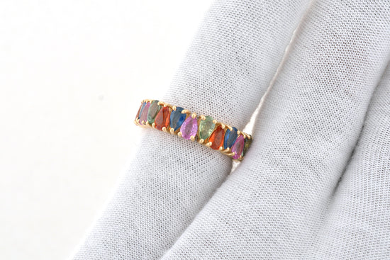 Pear Gemstone Eternity Band in 14k Yellow Gold Rainbow Sapphire Stackable Wedding Ring