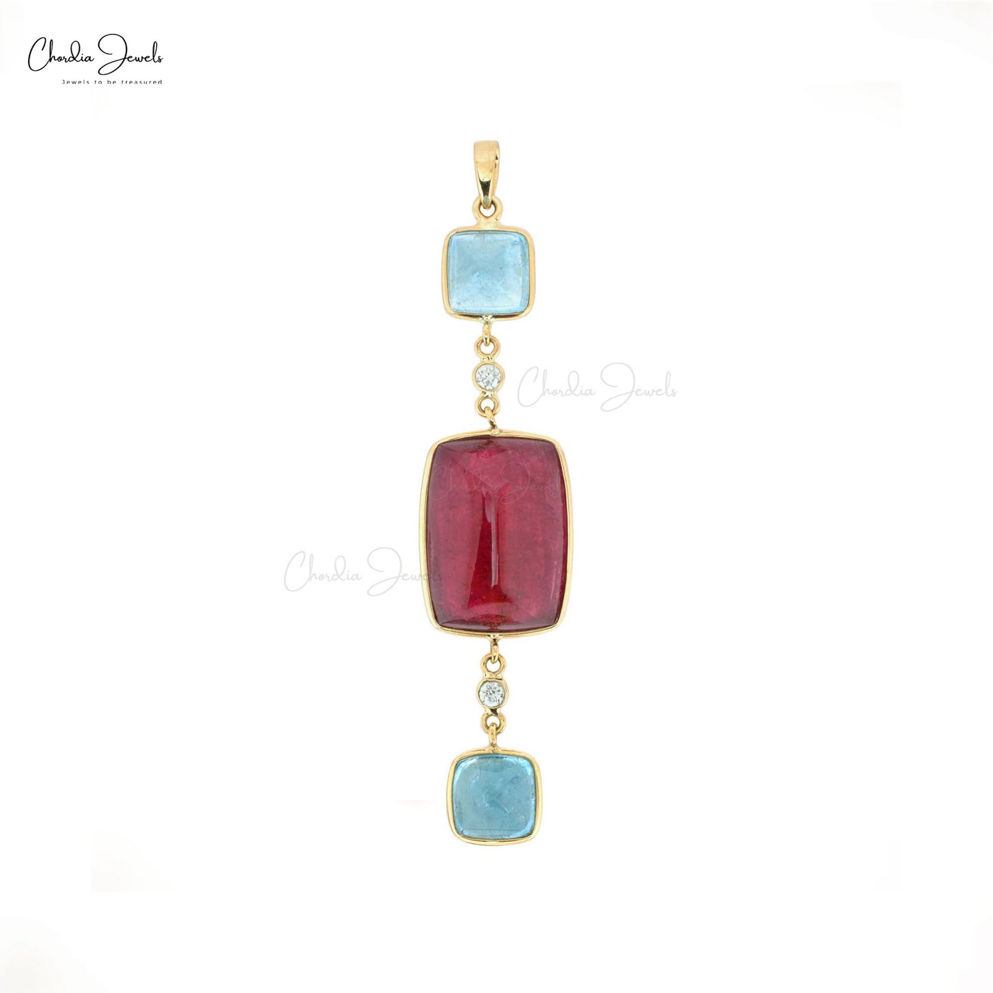 Dangle Diamond Pendant In Real 14k Yellow Gold Pink Tourmaline And Aquamarine Necklace