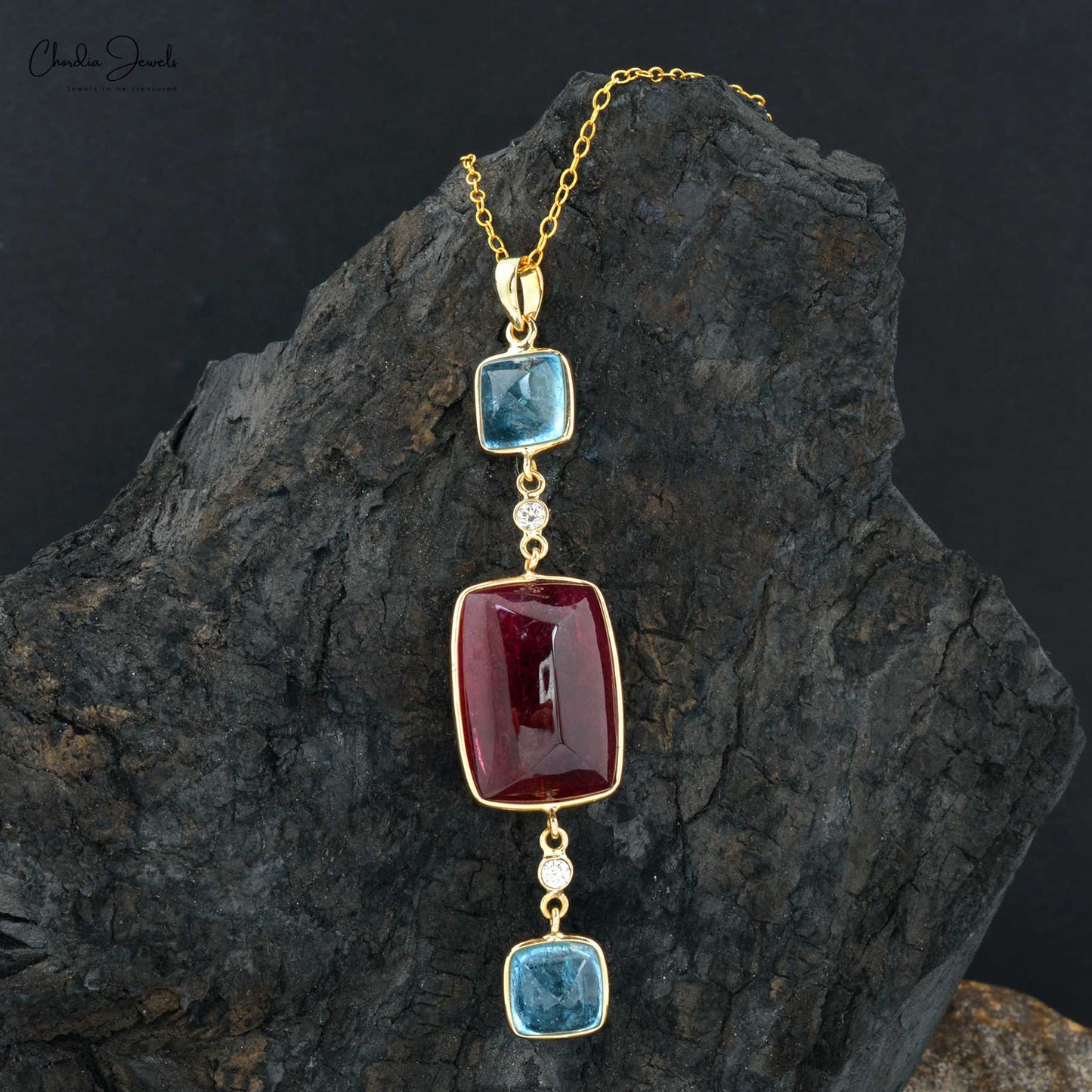 Dangle Diamond Pendant In Real 14k Yellow Gold Pink Tourmaline And Aquamarine Necklace