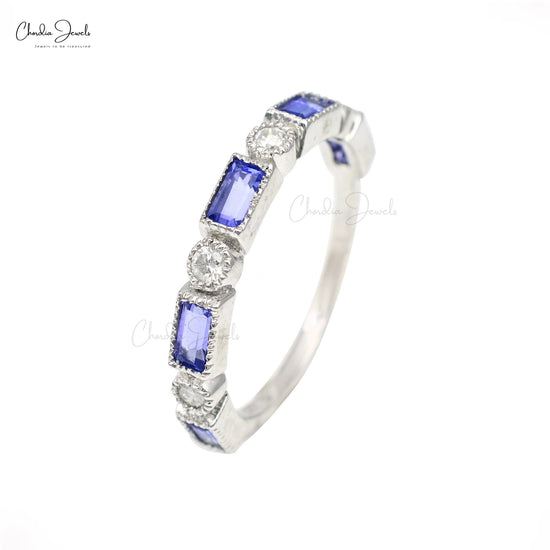 4x2mm Baguette Tanzanite with Diamond Half Eternity Band in 14k White Gold