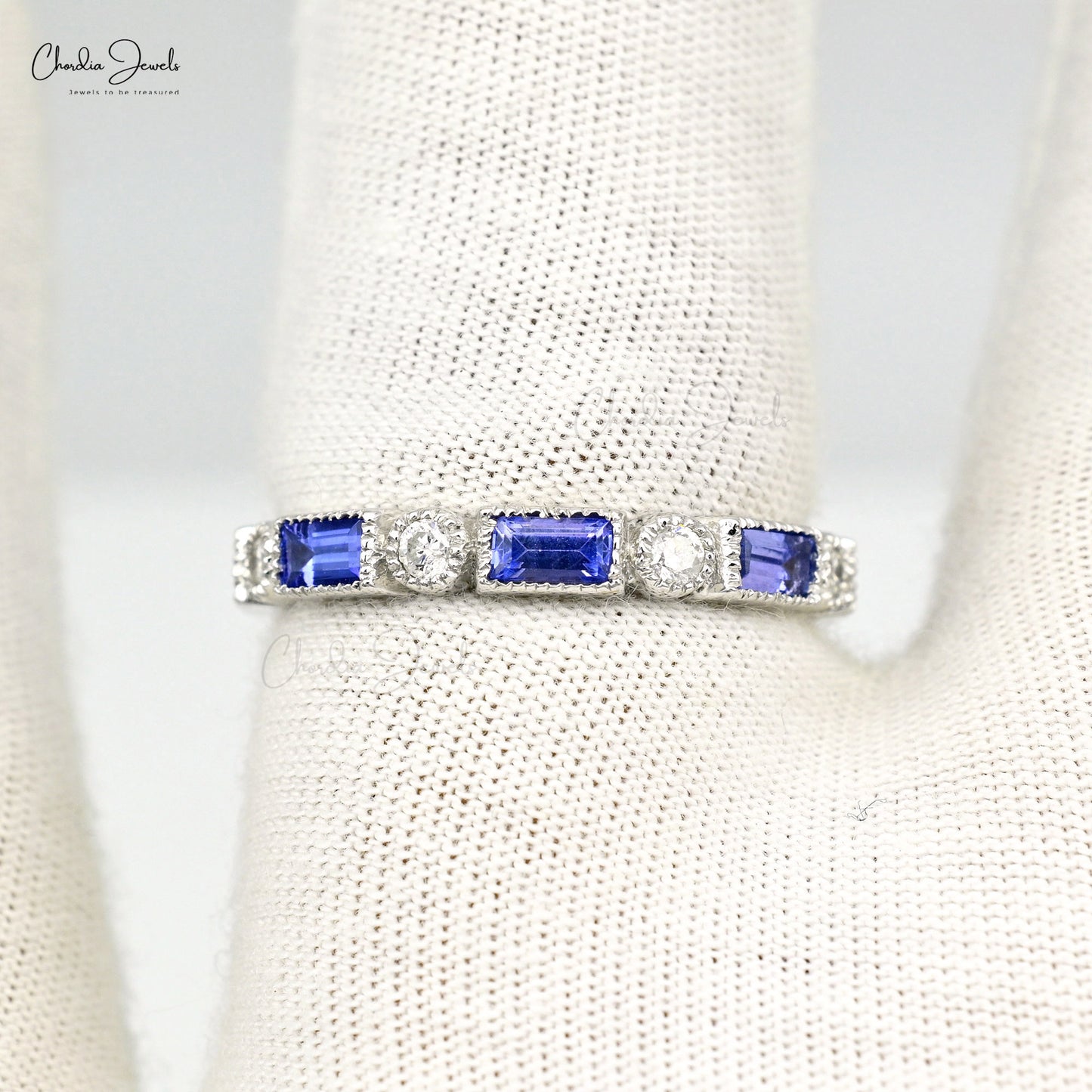 4x2mm Baguette Tanzanite with Diamond Half Eternity Band in 14k White Gold