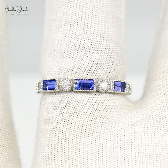 4x2mm Baguette Tanzanite with Diamond Half Eternity Band in 14k White Gold