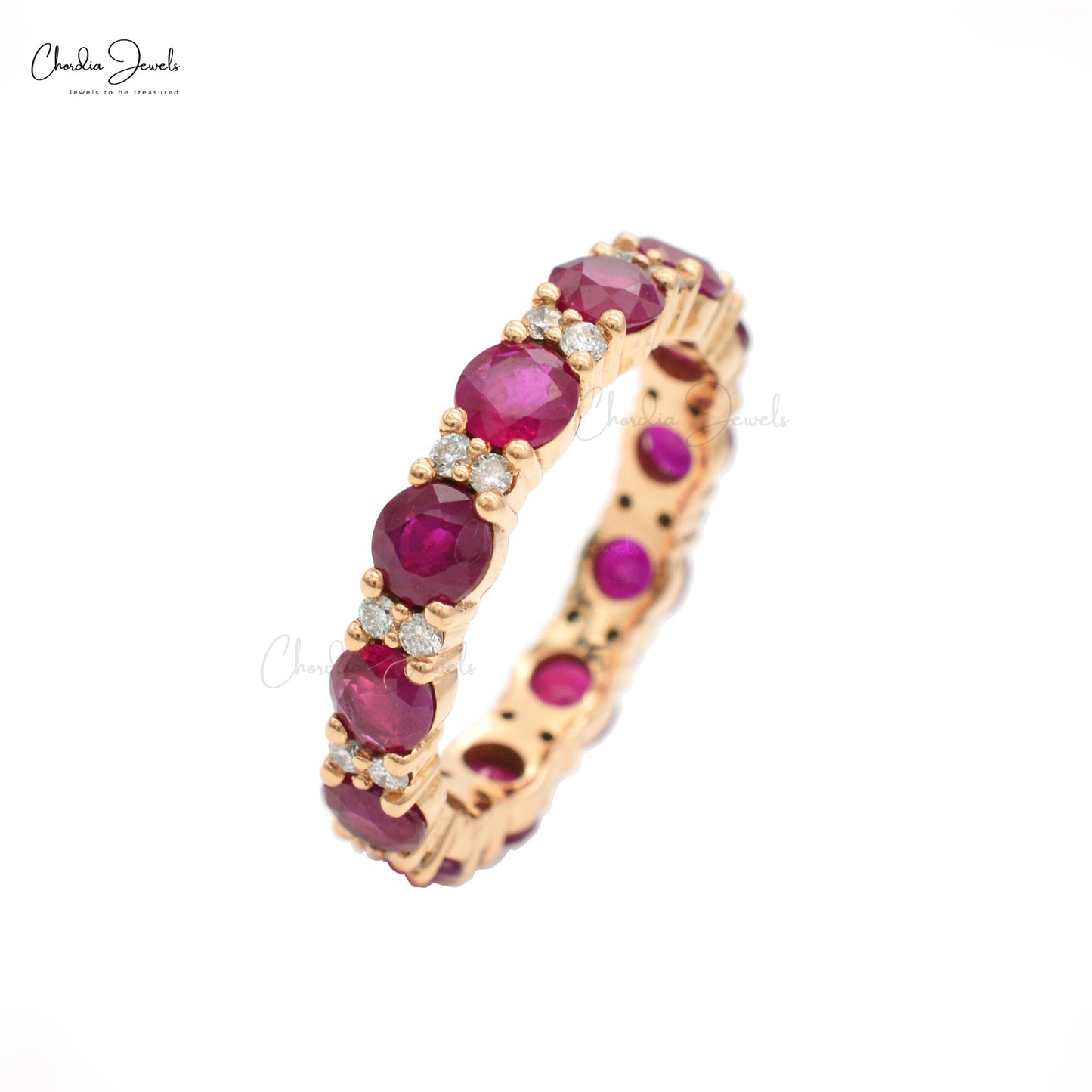 Classic 4mm Round Cut Ruby Stackable Ring With Diamond Accent In 14k Solid Yellow Gold