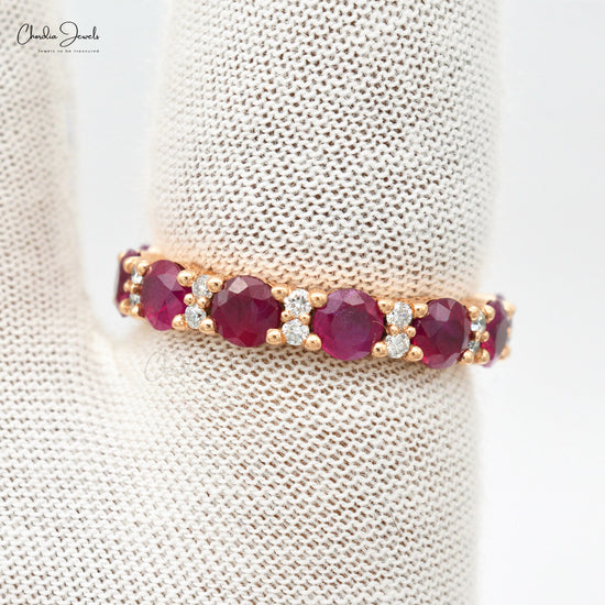 Classic 4mm Round Cut Ruby Stackable Ring With Diamond Accent In 14k Solid Yellow Gold