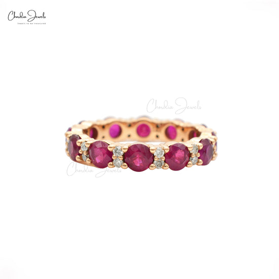 Genuine Ruby Eternity Band Ring 4mm Round Cut Gemstone Ring 14k Solid Yellow Gold Diamond Ring July Birthstone For Her