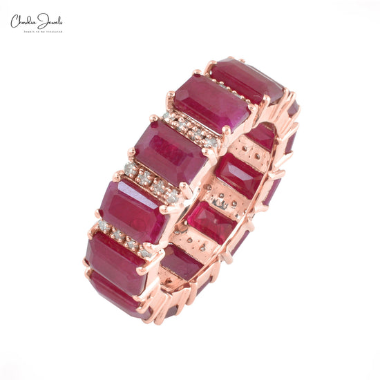 Real 14k Rose Gold Diamond with 10.4Ct Octagon Burma Ruby Eternity Band Ring