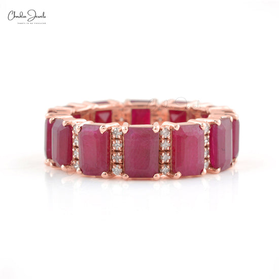 Real 14k Rose Gold Diamond with 10.4Ct Octagon Burma Ruby Eternity Band Ring